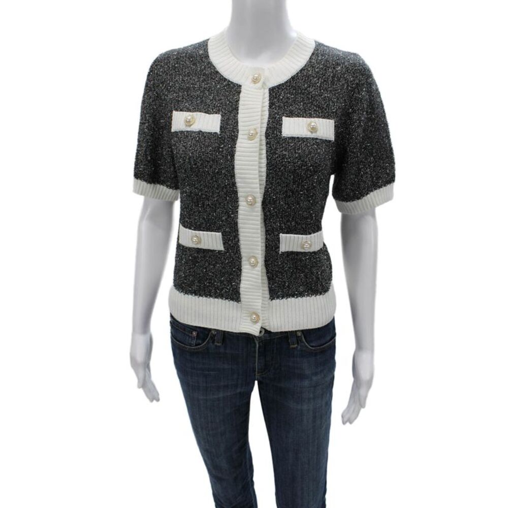 Urban Revivo Women Black Acrylic Round Neck Solid Short Sleeve Cardigan Size L